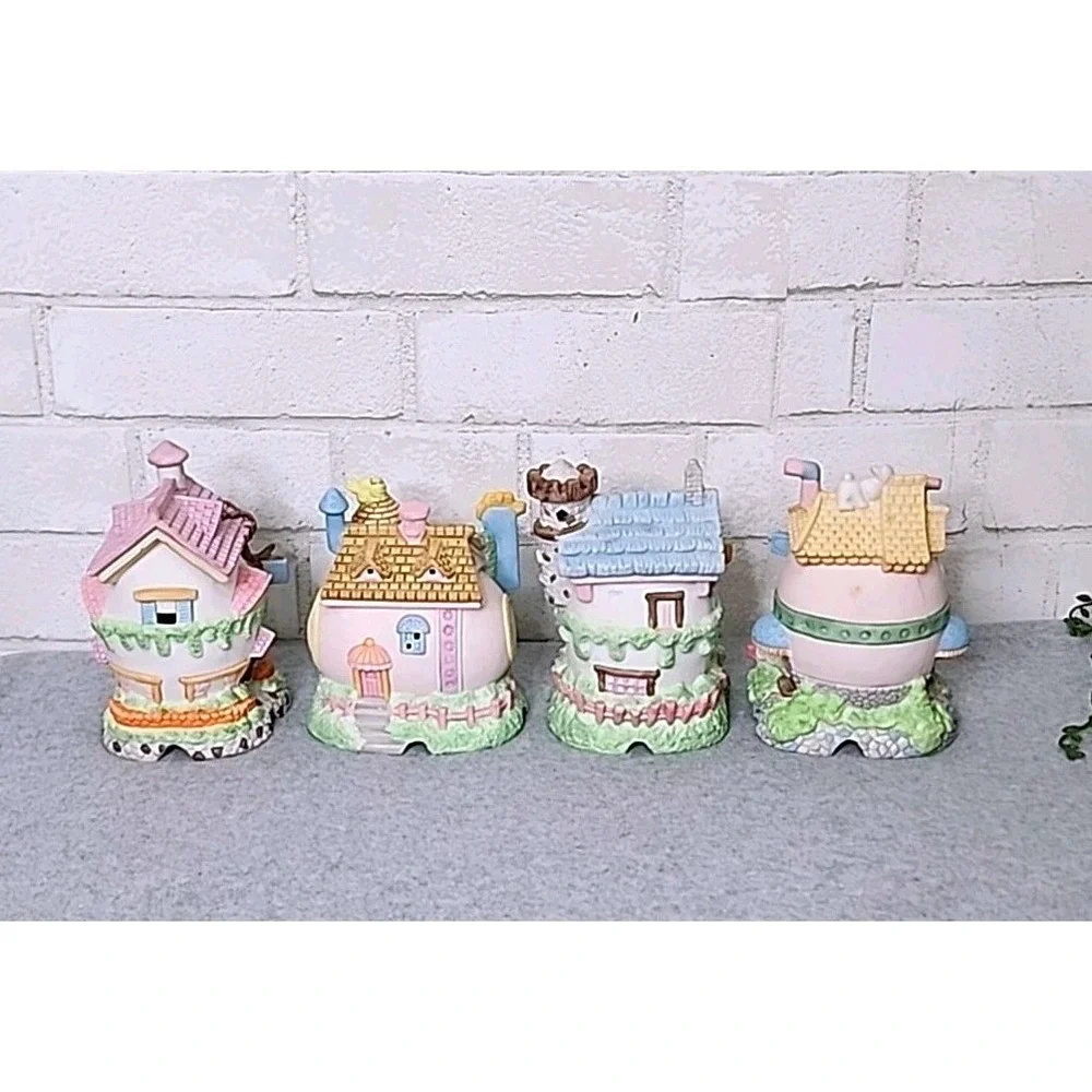 Easter Egg Village Porcelain Buildings Grocery Hotel Police Station‎ 4 Pc Set